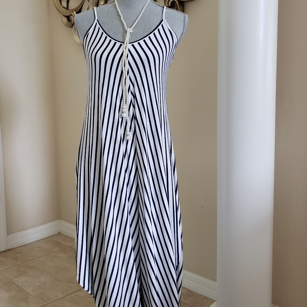 Navy blue and white one piece dress/pant